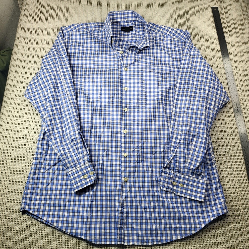 Scott Barber Dress Shirt Mens XL Blue Gingham Classic Fit Cotton Long Sleeve